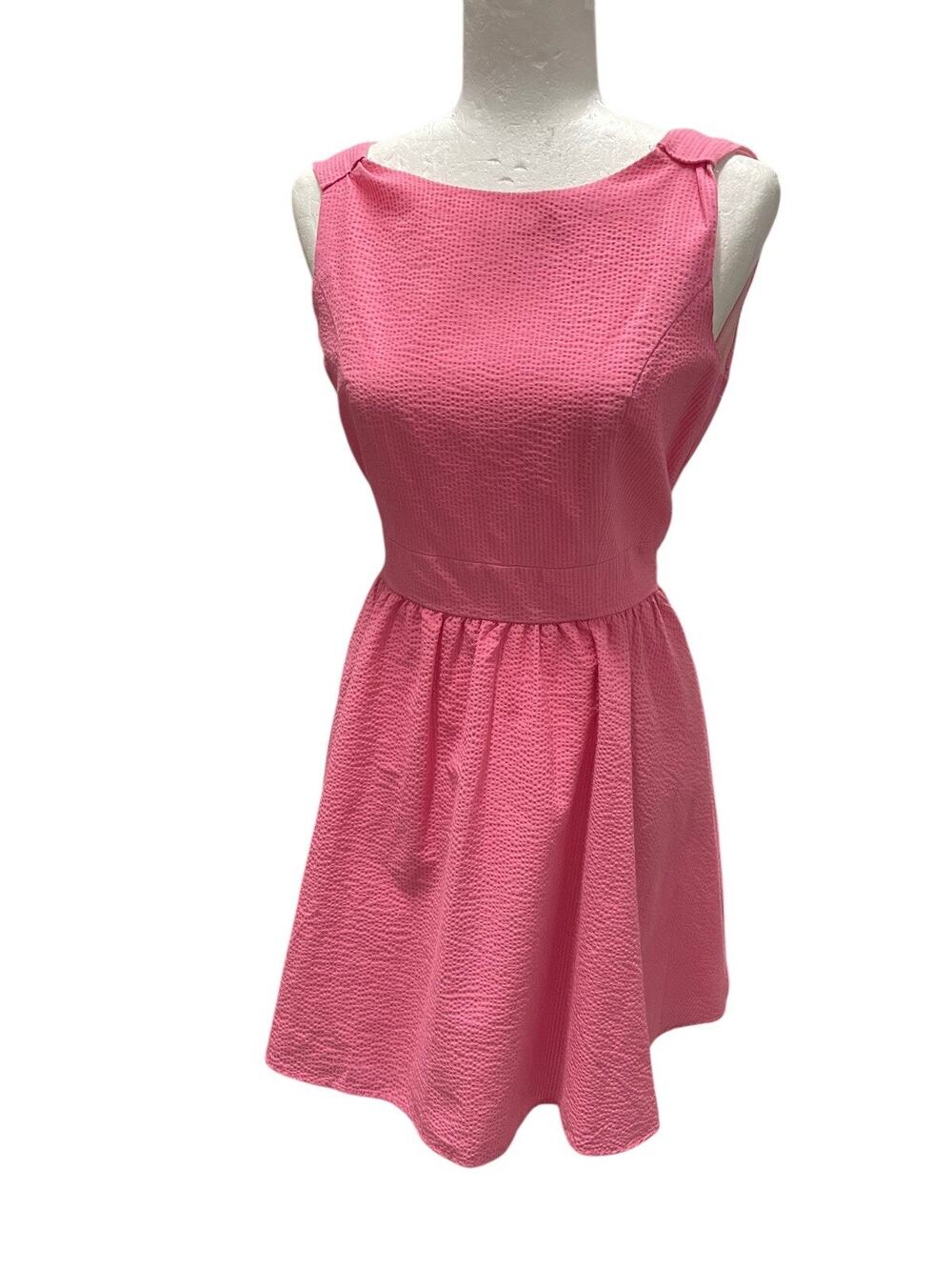 Lauren James Pink Seersucker Dress Bow Tie Open Back Coquette Medium Preppy USA